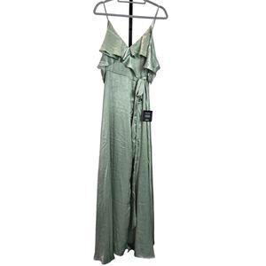 NWT Lulus Off Shoulder Wrap Maxi Dress Green Satin Silky Fairy Boho Formal Med